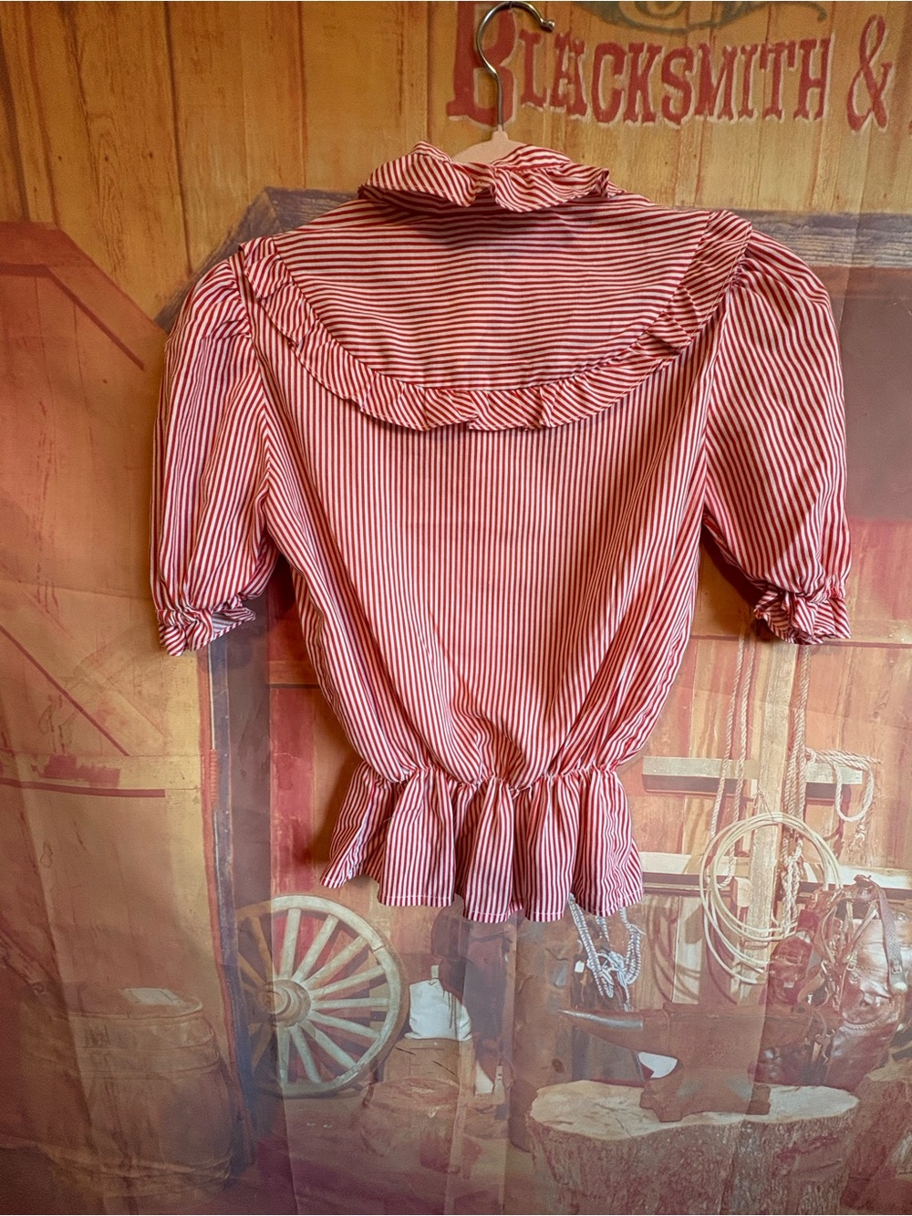 Vintage NIKI Red & White Striped Ruffle Blouse Peplum Crop - S - Picture 2 of 4